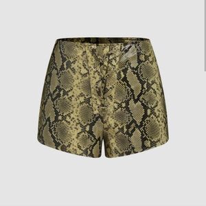 Cider Low Rise Faux Leather Snake Print Shorts - Black and Green